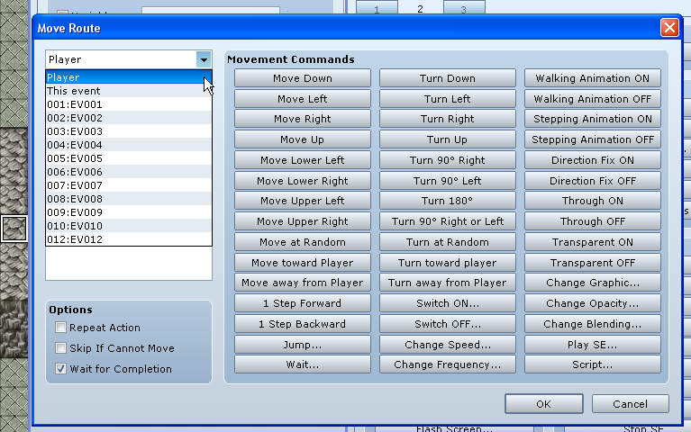 Select 'Player' as the move route target.